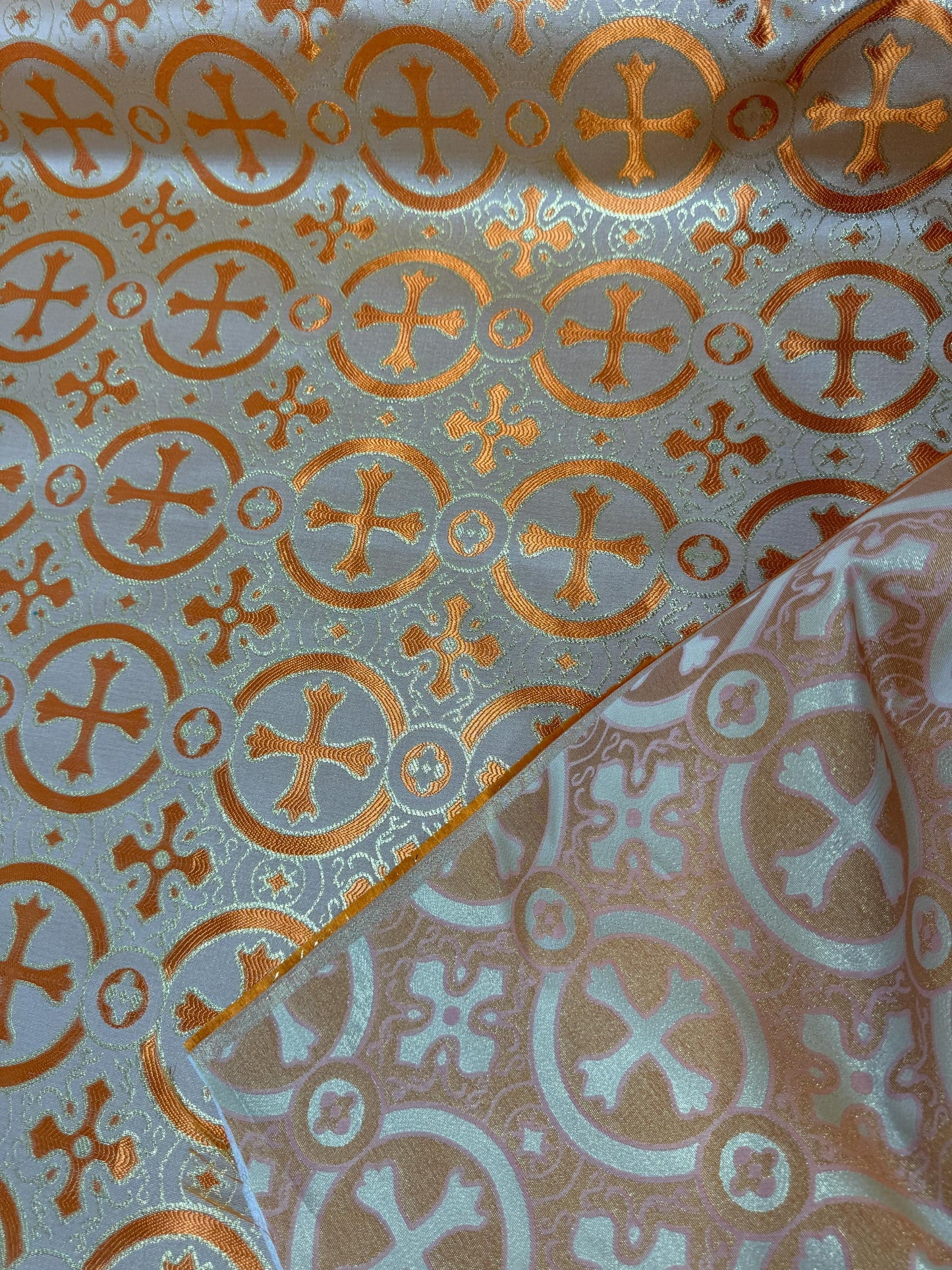 Liturgical Brocade,Church Gorgeous Cross acetate brocade Fabric Cross Brocade Orange/Gold 58" Wide