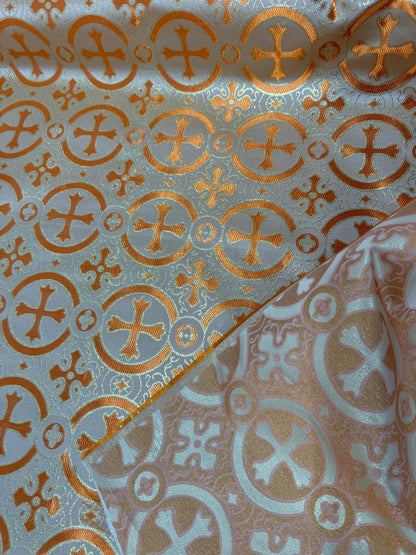 Liturgical Brocade,Church Gorgeous Cross acetate brocade Fabric Cross Brocade Orange/Gold 58" Wide