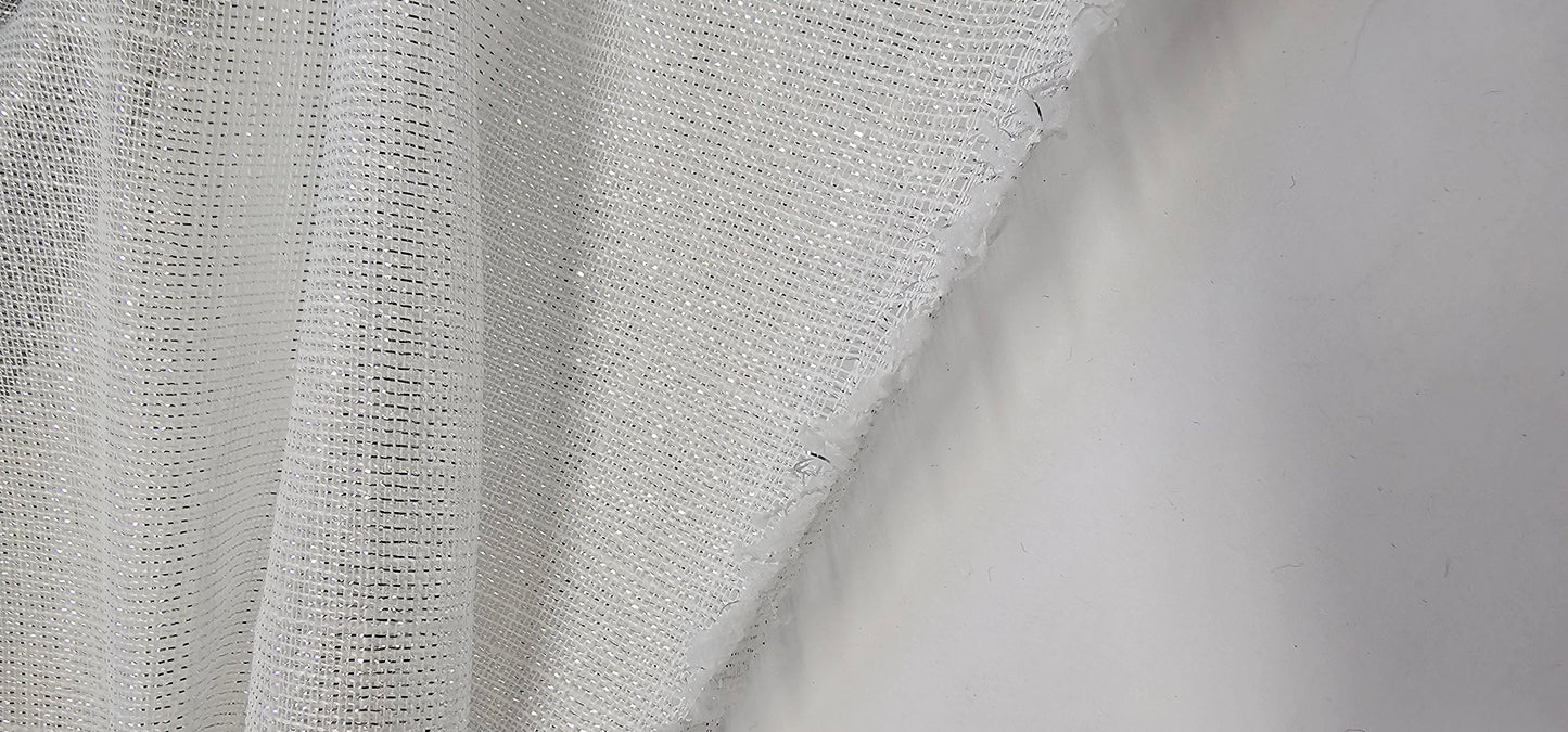White and Metallic Silver Drapery Sheer, 110" wide, sold by yard