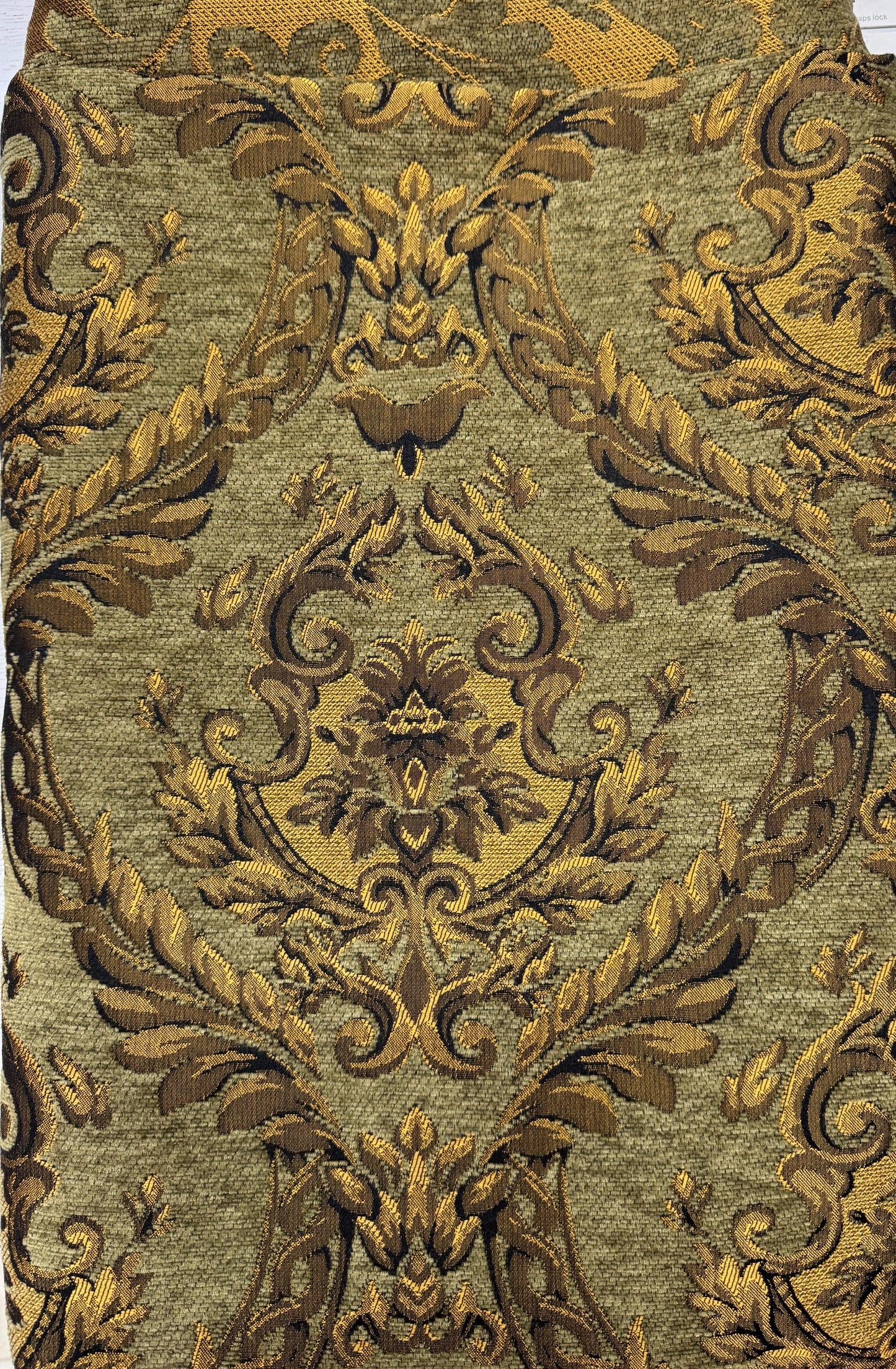 Chenille BAROQUE UPHOLSTERY Fabric Jacquard Damask, 58" wide ,color Sage green/gold, sold by yard in continuous yards