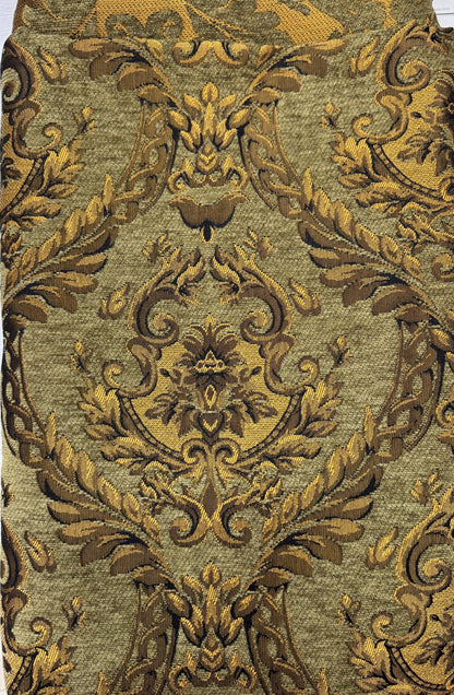 Chenille BAROQUE UPHOLSTERY Fabric Jacquard Damask, 58" wide ,color Sage green/gold, sold by yard in continuous yards