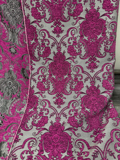 Chenille, BAROQUE UPHOLSTERY Fabric Jacquard, Damask, 58" wide ,color pink/silver, sold by yard in continuous yards
