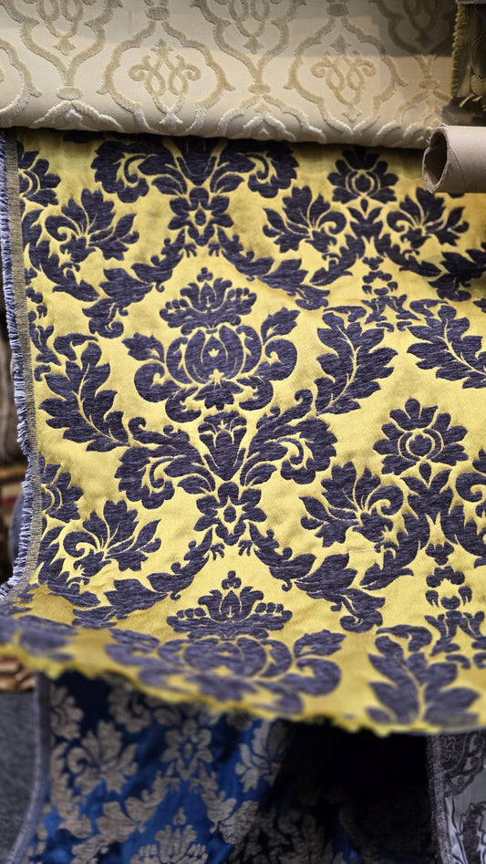 Chenille BAROQUE UPHOLSTERY Fabric Jacquard Damask, 58" wide ,color dark Gunmetal/Gold sold by yard in continuous yards