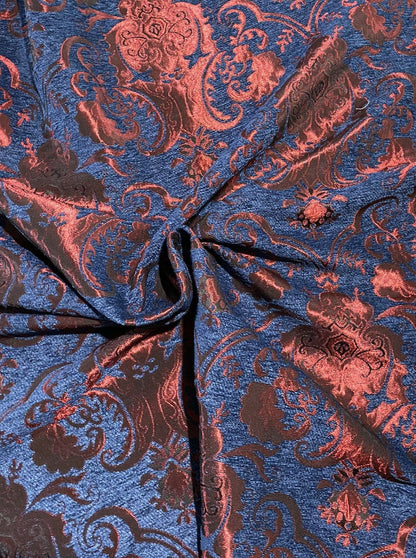 Chenille BAROQUE UPHOLSTERY Burnout Chenille Velvet Fabric - Blue & Metallic Red  , sold by yard in continuous yards