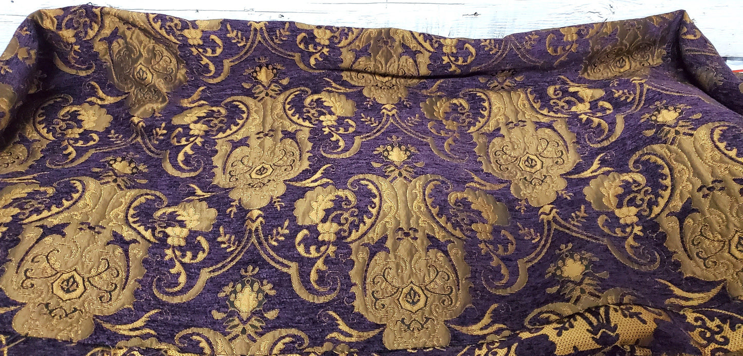 Chenille BAROQUE UPHOLSTERY Fabric Jacquard Damask, 58" wide ,color purple/gold, sold by yard in continuous yards