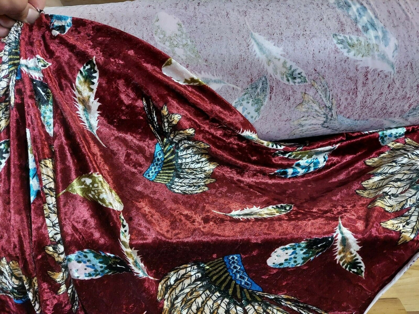 ad crushed velvet Burgandy war bonnets feathers print sold by yard ''58'' inches wide