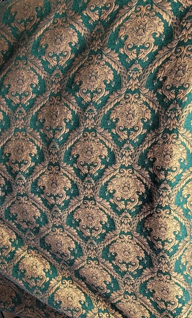 Chenille BAROQUE UPHOLSTERY Fabric Jacquard Damask, 58" wide ,color Green/gold, Reversible, sold by yard in continuous yards