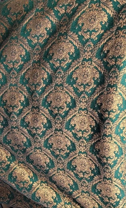 Chenille BAROQUE UPHOLSTERY Fabric Jacquard Damask, 58" wide ,color Green/gold, Reversible, sold by yard in continuous yards