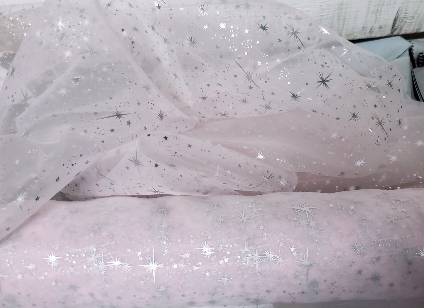 Starburst Ligth pink Foil on White Sheer Organza Fabric by The Yard  58 Inch Wide Fabric by The Yard