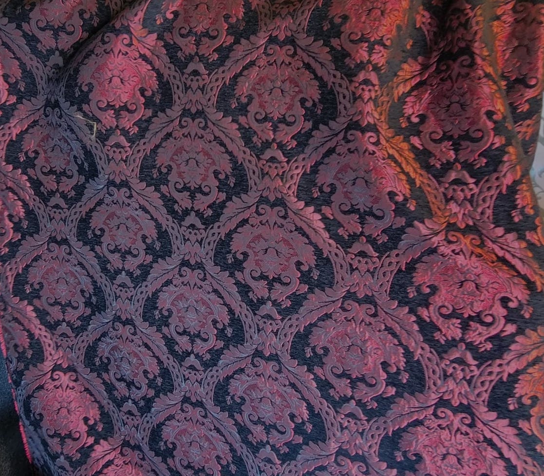 Chenille BAROQUE UPHOLSTERY Fabric Jacquard Damask, 58" wide ,color Red/Black, Reversible, sold by yard in continuous yards