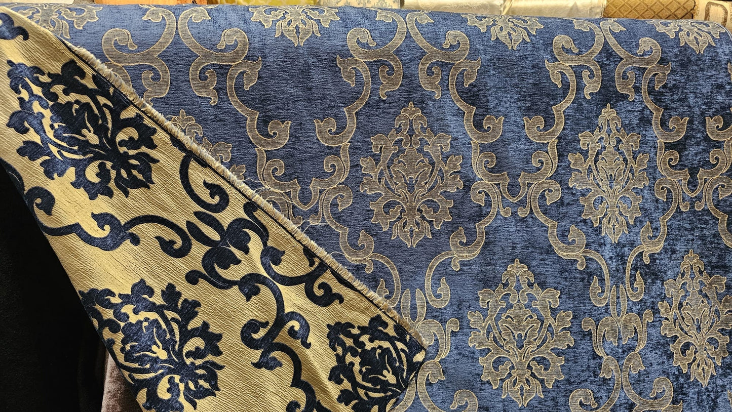 Chenille BAROQUE UPHOLSTERY Fabric Jacquard Damask, 58" wide ,color Blue sold by yard in continuous yards