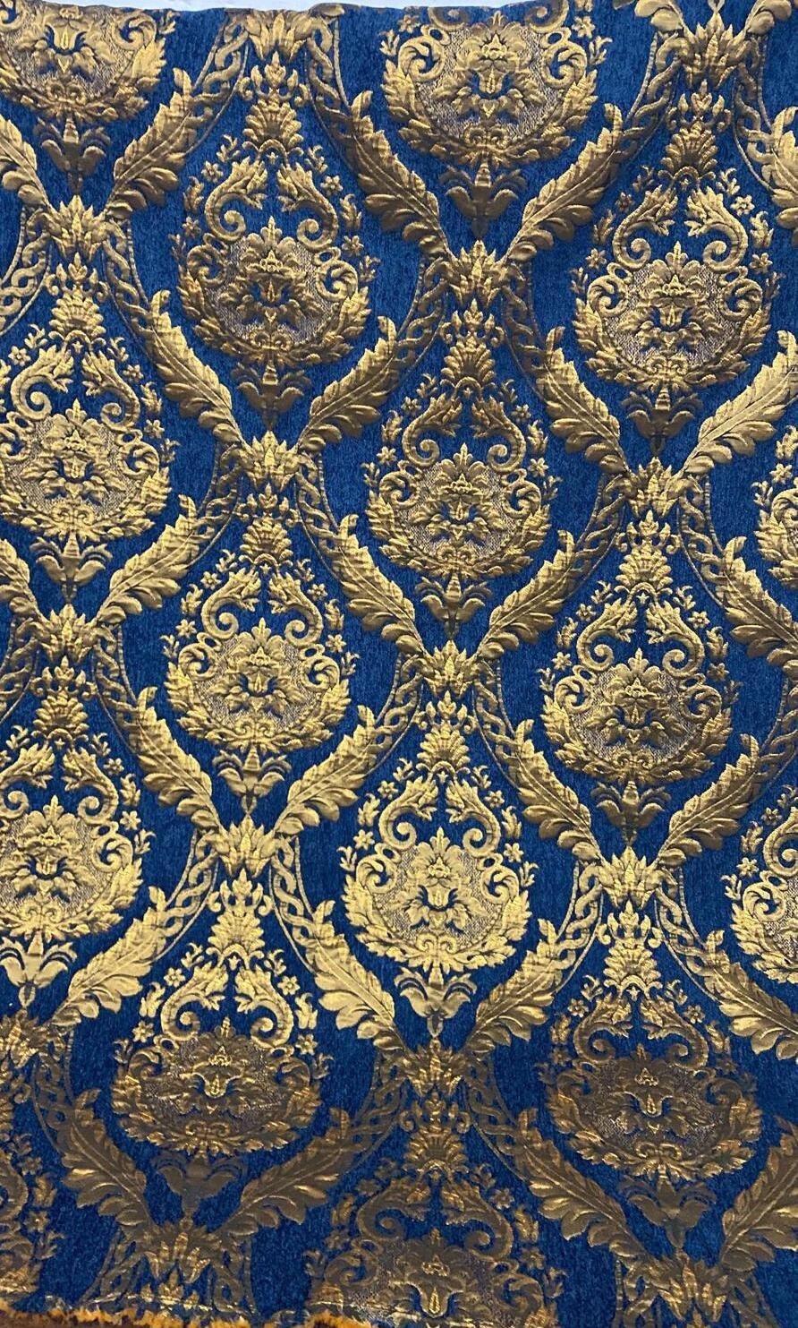 Damask chenille fabric - upholstery fabric, Blue/gold - 54" width - sold by yard