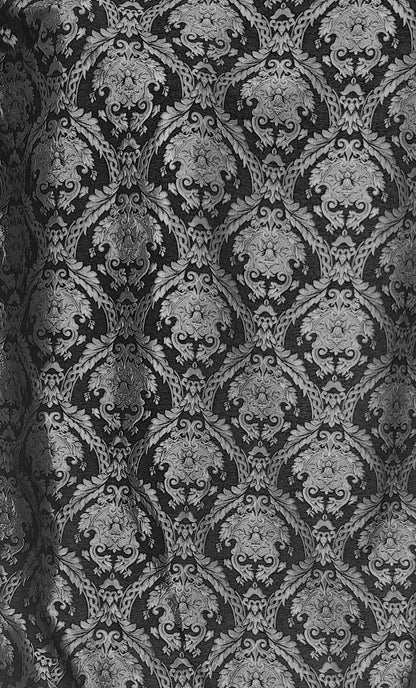 Chenille BAROQUE UPHOLSTERY Fabric Jacquard Damask, 58" wide ,color Black/Silver, Reversible, sold by yard in continuous yards