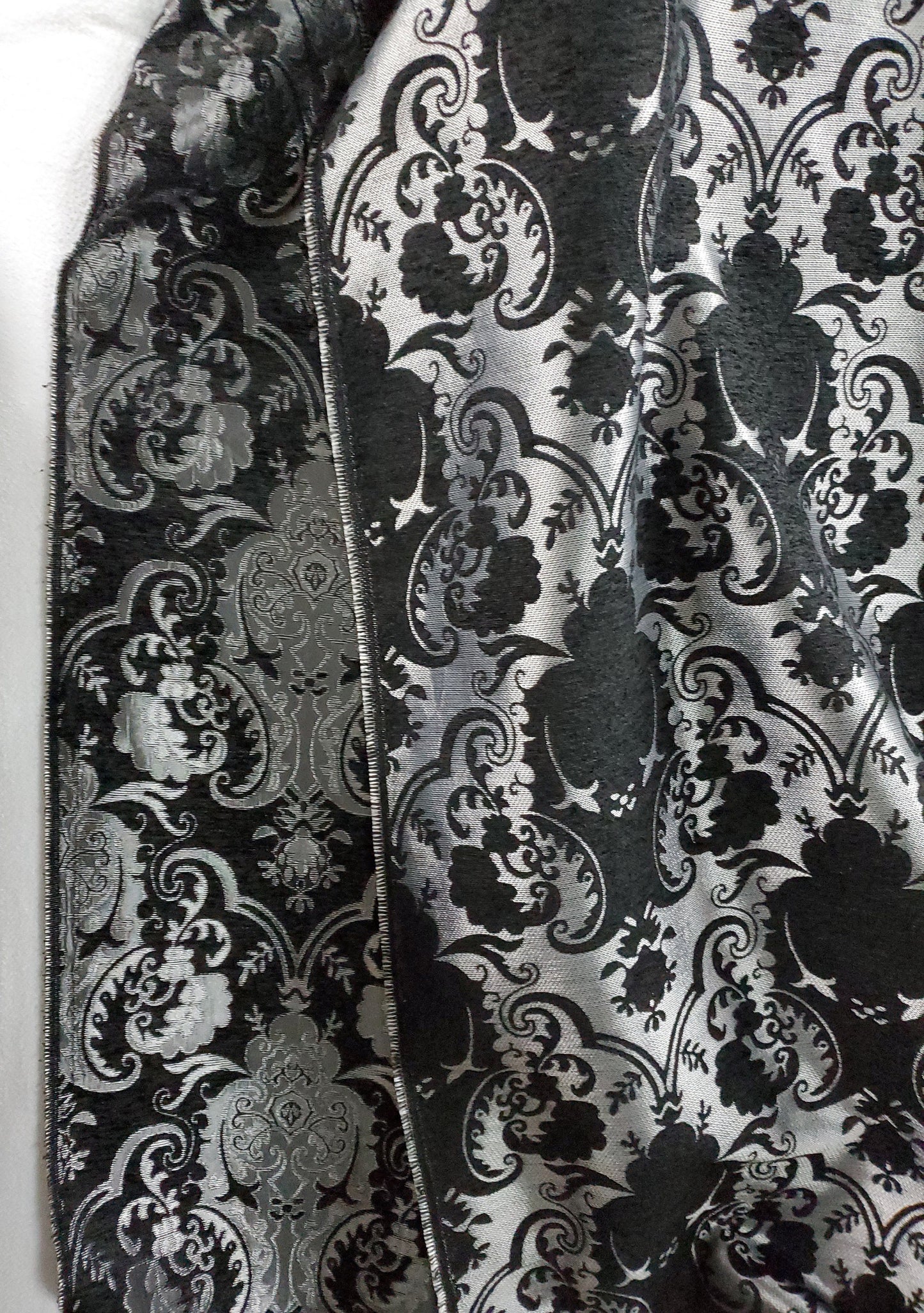 Chenille BAROQUE UPHOLSTERY Fabric Jacquard Damask, 58" wide ,color Silver/Black, sold by yard in continuous yards