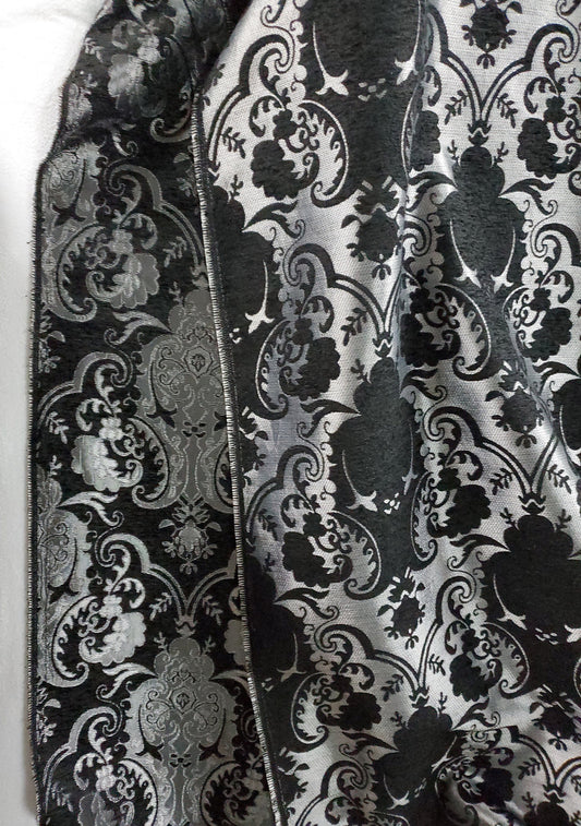 Chenille BAROQUE UPHOLSTERY Fabric Jacquard Damask, 58" wide ,color Silver/Black, sold by yard in continuous yards