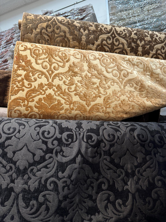 Chenille Fabric Upholstery,  Damask Burnout Chenille Velvet ,Jacquard Damask, 54" wide, color Black/Black , sold by yard in continuous yards