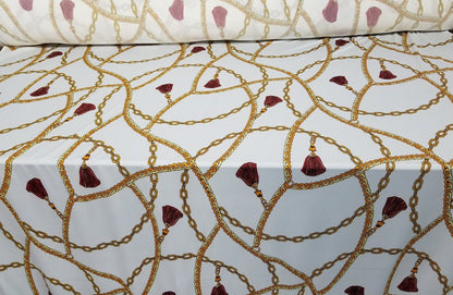 2 Way Stretch Scuba Techno, Color white/gold Chains, Belts and Ornaments burgundy, 58" wide, sold by yard in continuous yards