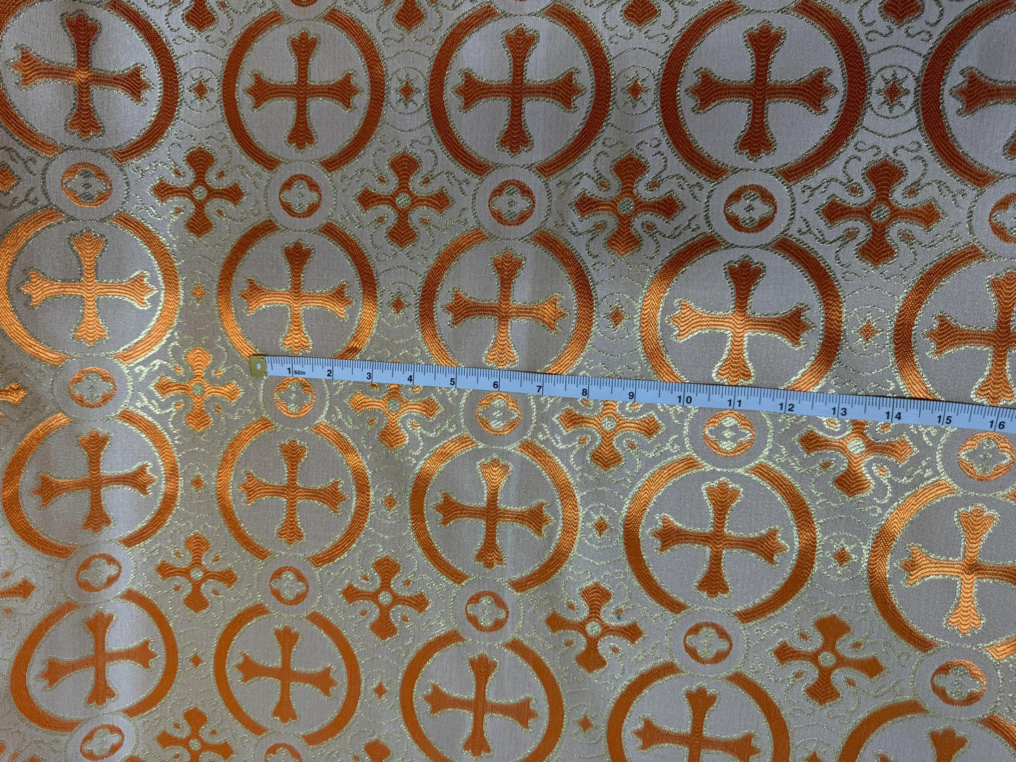 Liturgical Brocade,Church Gorgeous Cross acetate brocade Fabric Cross Brocade Orange/Gold 58" Wide