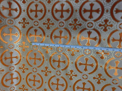 Liturgical Brocade,Church Gorgeous Cross acetate brocade Fabric Cross Brocade Orange/Gold 58" Wide
