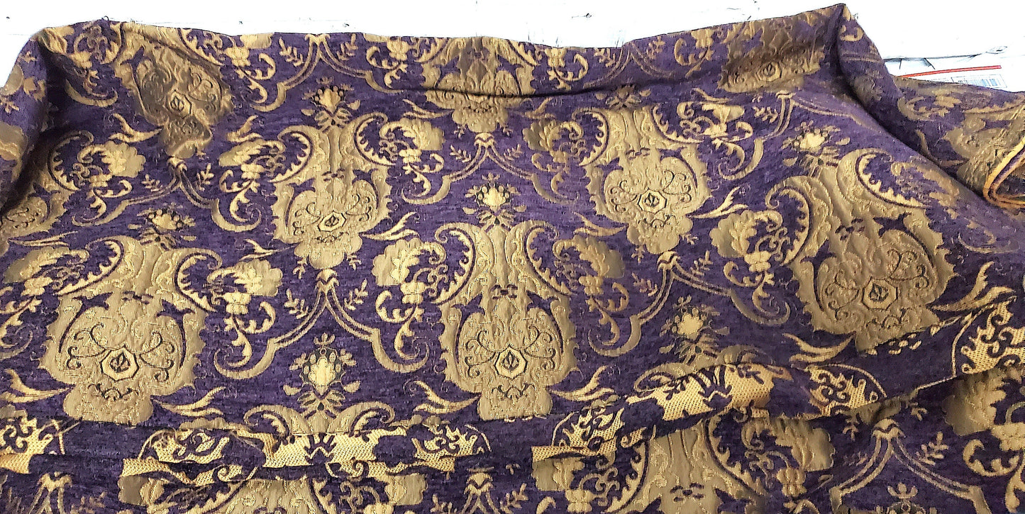 Chenille BAROQUE UPHOLSTERY Fabric Jacquard Damask, 58" wide ,color purple/gold, sold by yard in continuous yards