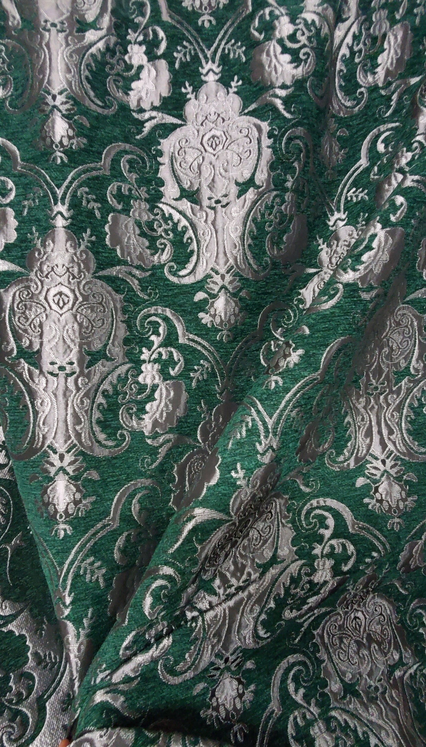 Chenille BAROQUE UPHOLSTERY Fabric Jacquard Damask, 58" wide ,color Green/silver, sold by yard in continuous yards