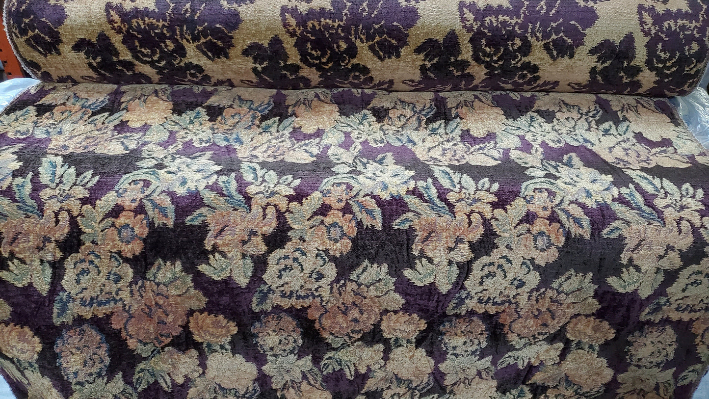 ad Quadrille Chenille Fabrics vintage 54" wide- Plum,gold, Green, sold by yard