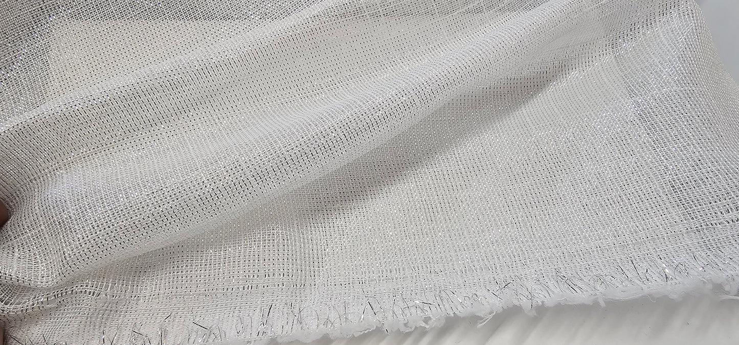 White and Metallic Silver Drapery Sheer, 110" wide, sold by yard