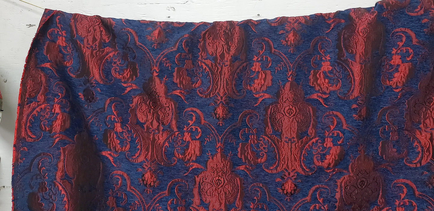 Chenille BAROQUE UPHOLSTERY Fabric Jacquard Damask, 58" wide ,color Blue/Red sold by yard in continuous yards