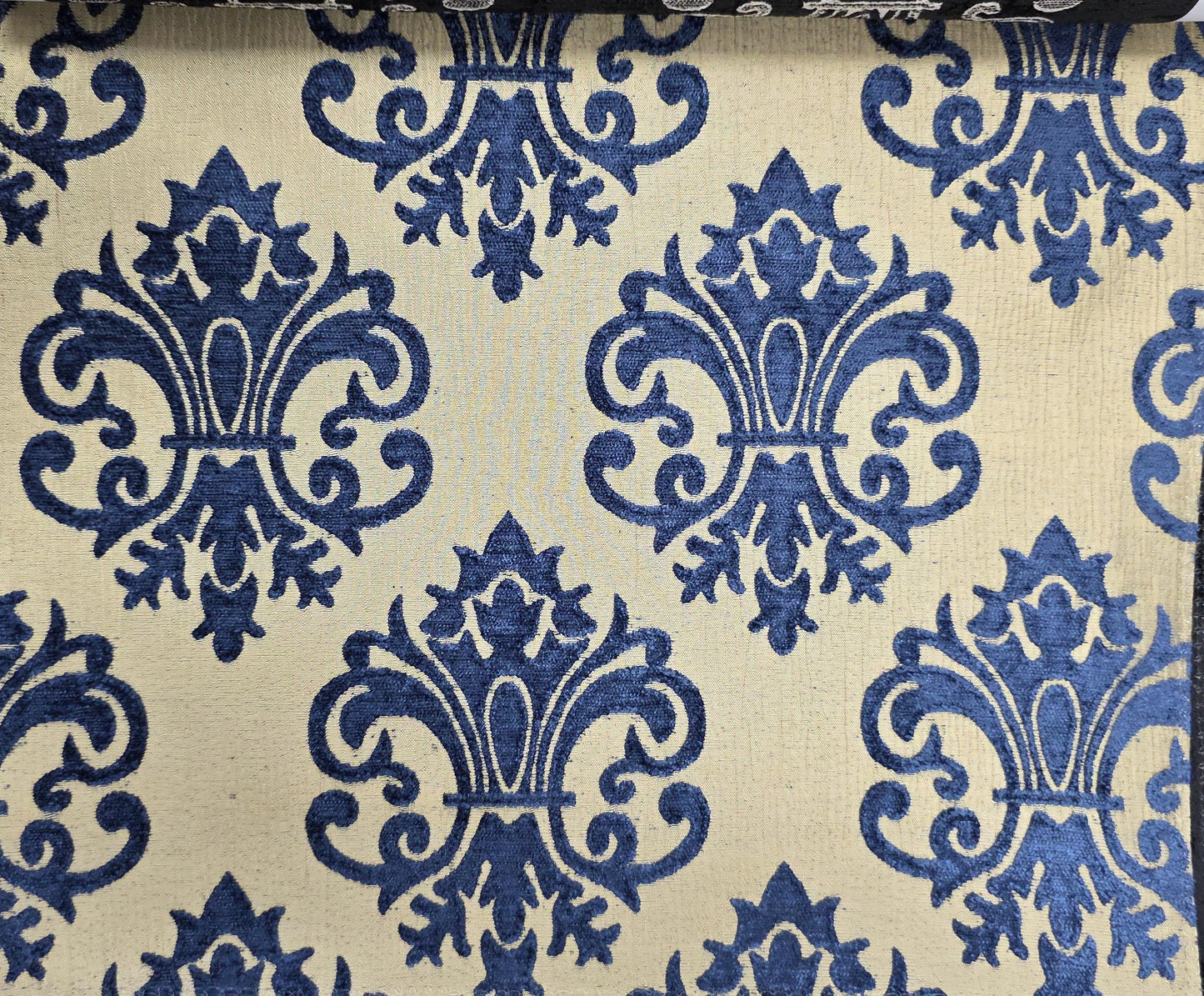 Chenille BAROQUE UPHOLSTERY Fabric Jacquard Damask, reversible, 54" wide ,color Blue/champagne, sold by yard in continuous yards