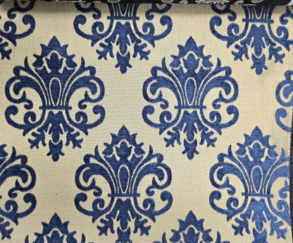 Chenille BAROQUE UPHOLSTERY Fabric Jacquard Damask, reversible, 54" wide ,color Blue/champagne, sold by yard in continuous yards