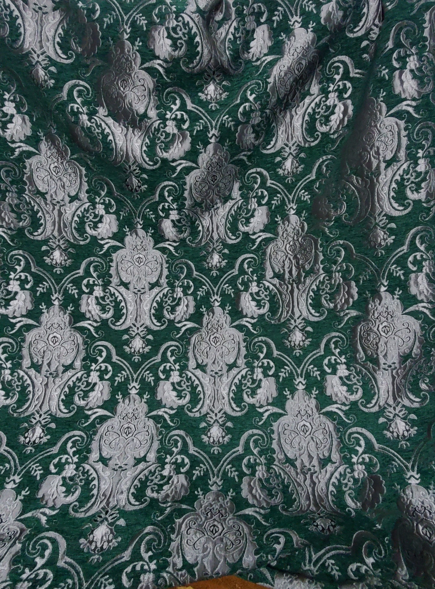 Chenille BAROQUE UPHOLSTERY Fabric Jacquard Damask, 58" wide ,color Green/silver, sold by yard in continuous yards