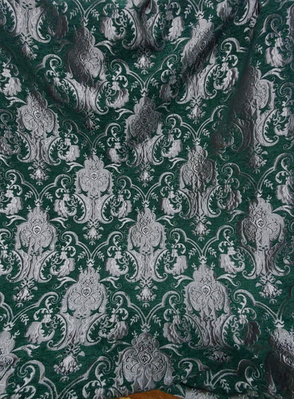 Chenille BAROQUE UPHOLSTERY Fabric Jacquard Damask, 58" wide ,color Green/silver, sold by yard in continuous yards