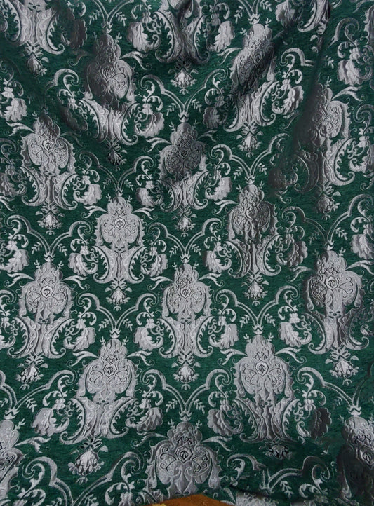Chenille BAROQUE UPHOLSTERY Fabric Jacquard Damask, 58" wide ,color Green/silver, sold by yard in continuous yards