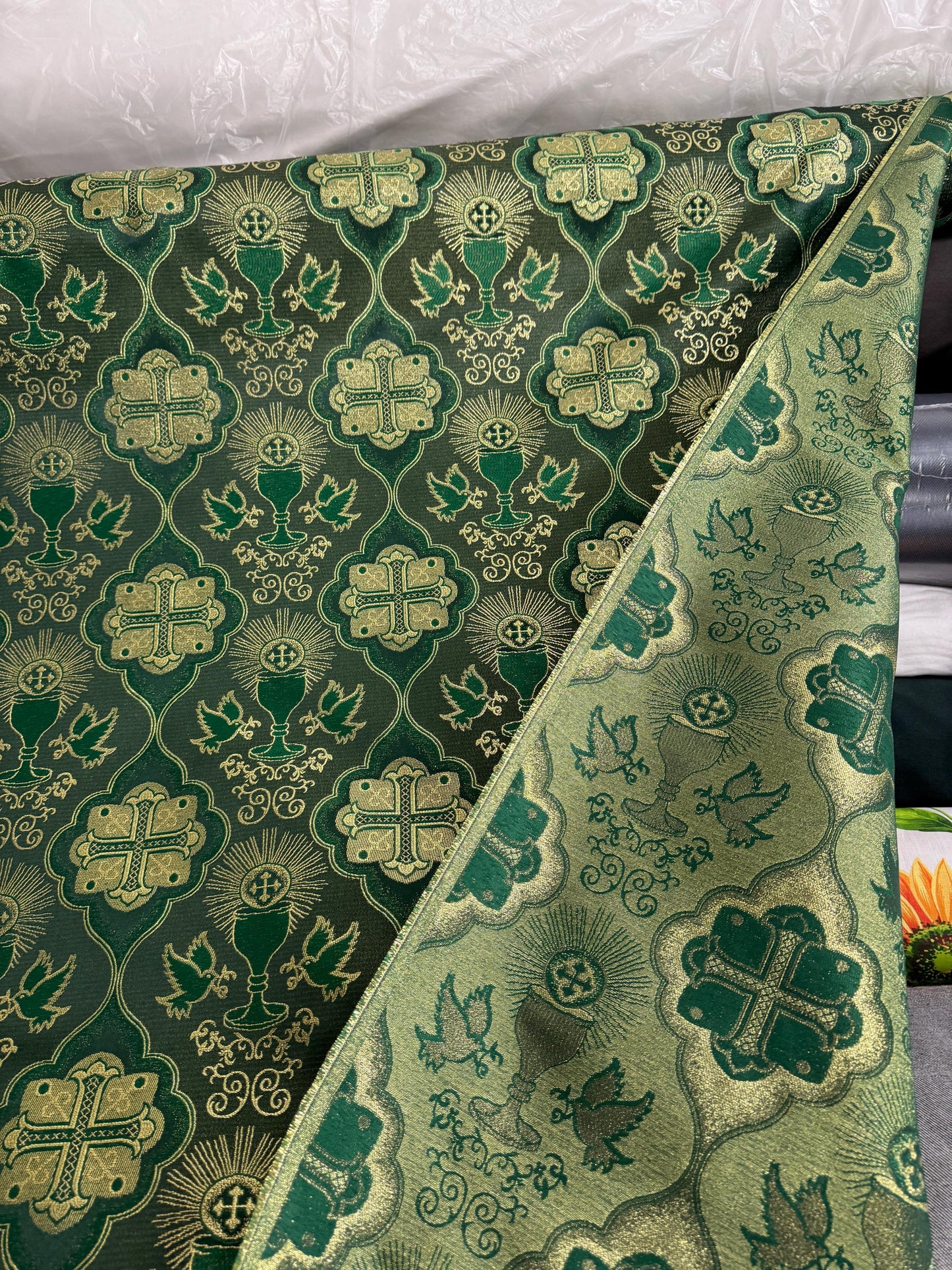 Liturgical Brocade,Church Gorgeous Cross acetate brocade Fabric Cross Brocade Green/ Gold 58" Wide