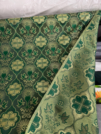Liturgical Brocade,Church Gorgeous Cross acetate brocade Fabric Cross Brocade Green/ Gold 58" Wide