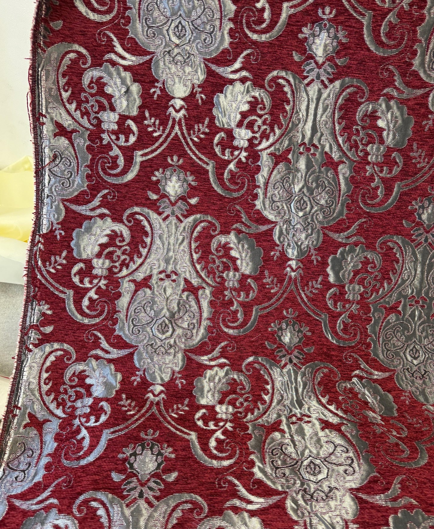 Chenille BAROQUE UPHOLSTERY Fabric Jacquard Damask, 58" wide ,color Red/Silver Reversible, sold by yard in continuous yards
