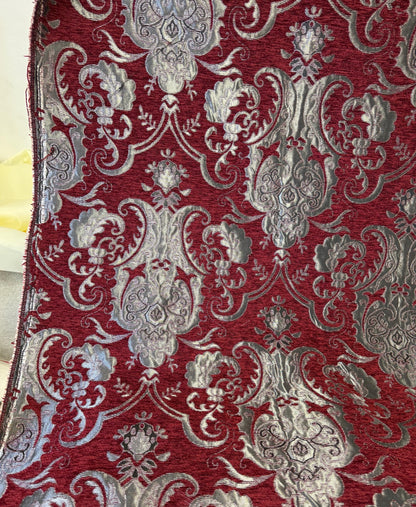 Chenille BAROQUE UPHOLSTERY Fabric Jacquard Damask, 58" wide ,color Red/Silver Reversible, sold by yard in continuous yards