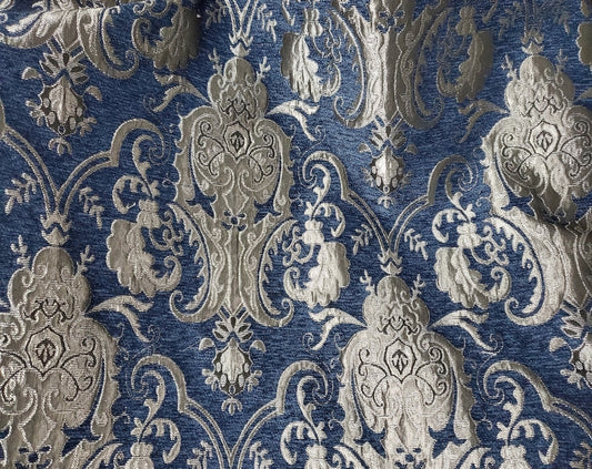Chenille BAROQUE UPHOLSTERY Fabric Jacquard Damask blue/ silver
