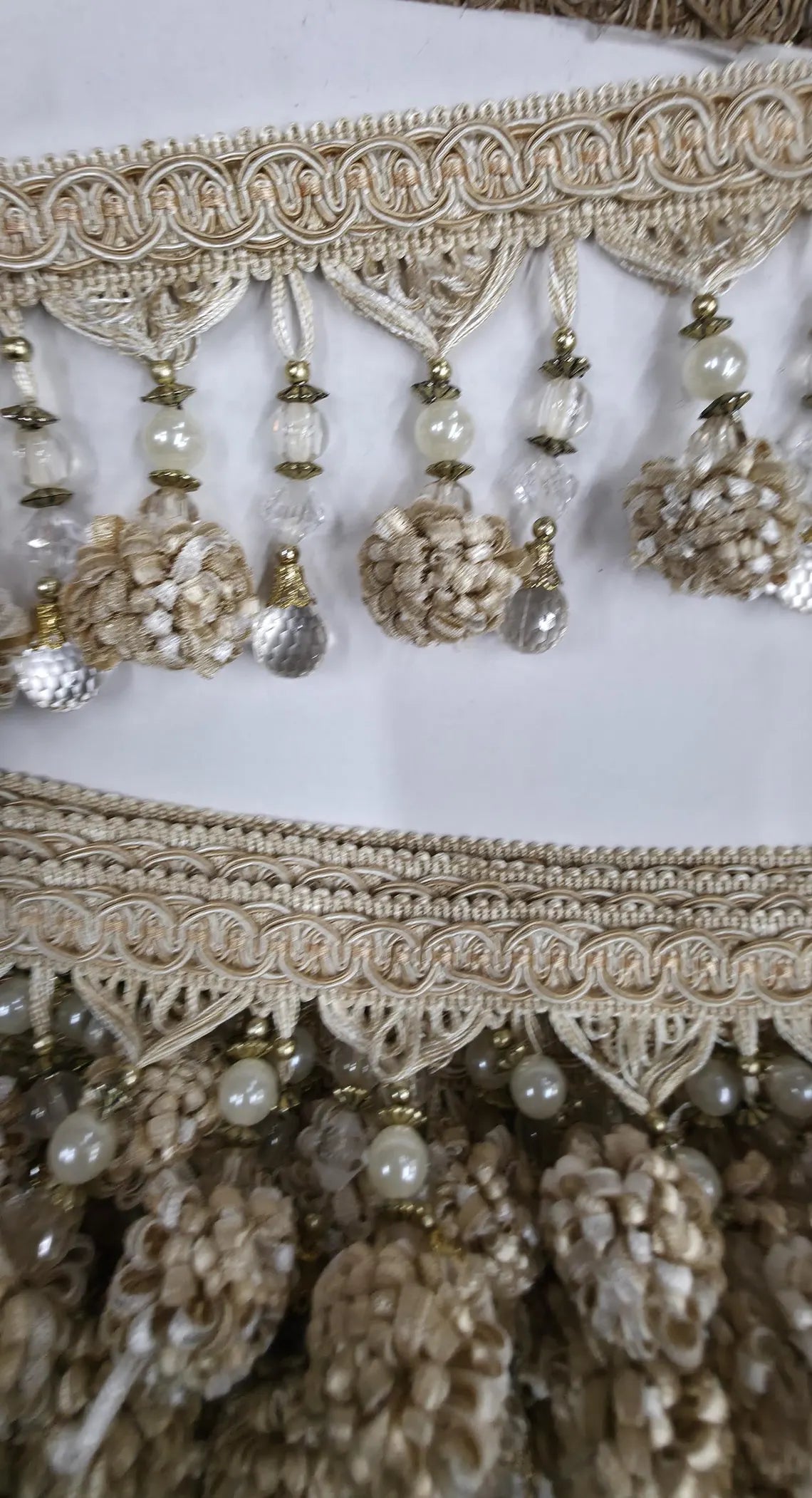 Beige Cream Pom Pom Crystal Tassel Fringe Trim, Handmade Upholstery Fabric By Yard