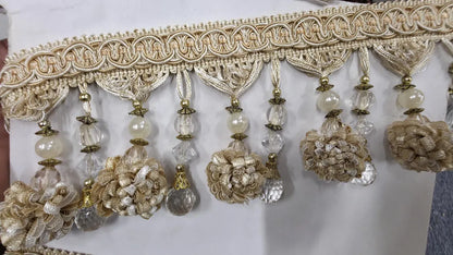 Beige Cream Pom Pom Crystal Tassel Fringe Trim, Handmade Upholstery Fabric By Yard